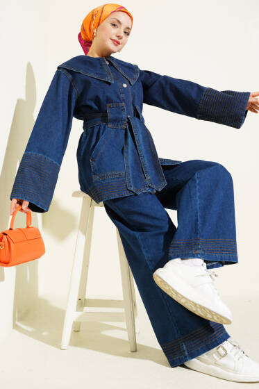 Denizci Yaka Kuşaklı Kot İkili Takım Mavi - İkili Takım