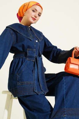 Denizci Yaka Kuşaklı Kot İkili Takım Mavi - İkili Takım