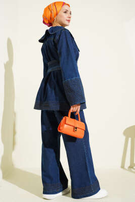 Denizci Yaka Kuşaklı Kot İkili Takım Mavi - İkili Takım