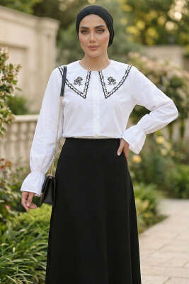 Denizci Yaka Nakışlı Gömlek Beyaz - TEGOE