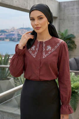 Denizci Yaka Nakışlı Gömlek Bordo - TEGOE