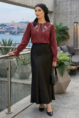 Denizci Yaka Nakışlı Gömlek Bordo - Gömlek