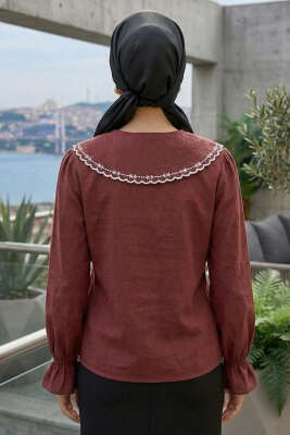 Denizci Yaka Nakışlı Gömlek Bordo - Gömlek