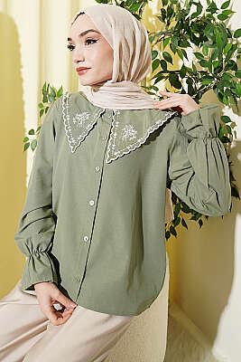 Denizci Yaka Nakışlı Gömlek Çağla Yeşili - TEGOE