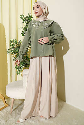 Denizci Yaka Nakışlı Gömlek Çağla Yeşili - Gömlek