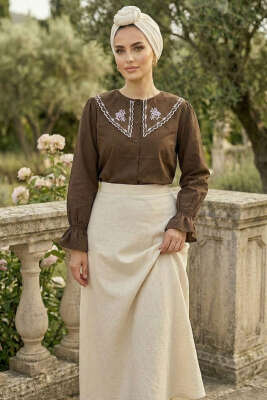 Denizci Yaka Nakışlı Gömlek Kahve - TEGOE