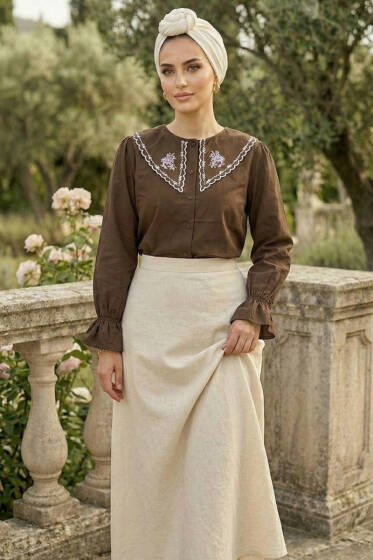 Denizci Yaka Nakışlı Gömlek Kahve - Gömlek