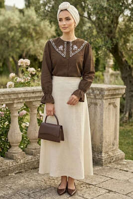 Denizci Yaka Nakışlı Gömlek Kahve - Gömlek