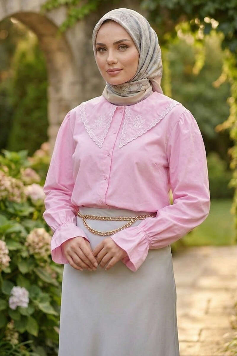 Denizci Yaka Nakışlı Gömlek Pembe