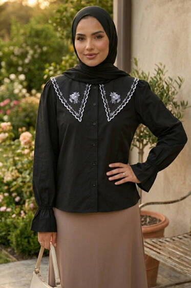 Denizci Yaka Nakışlı Gömlek Siyah - Gömlek