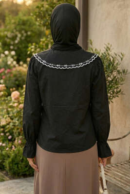 Denizci Yaka Nakışlı Gömlek Siyah - Gömlek