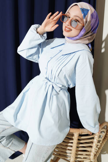 Denizci Yaka Nervür Detaylı Tunik Bebe Mavi - Tunik