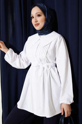 Denizci Yaka Nervür Detaylı Tunik Beyaz - NEVA MODA