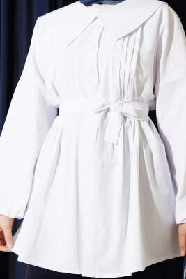 Denizci Yaka Nervür Detaylı Tunik Beyaz - Tunik