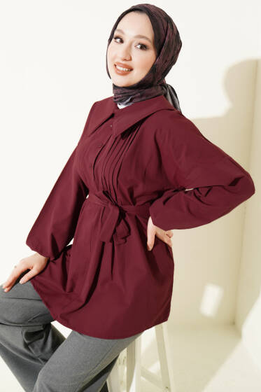Denizci Yaka Nervür Detaylı Tunik Bordo - Tunik