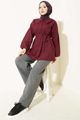 Denizci Yaka Nervür Detaylı Tunik Bordo - Tunik