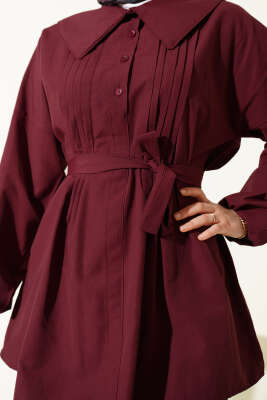 Denizci Yaka Nervür Detaylı Tunik Bordo - Tunik