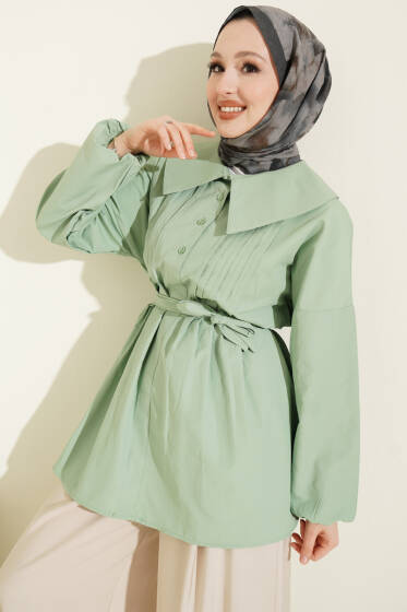 Denizci Yaka Nervür Detaylı Tunik Çağla Yeşili - Tunik