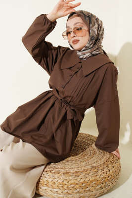 Denizci Yaka Nervür Detaylı Tunik Kahve - NEVA MODA