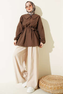 Denizci Yaka Nervür Detaylı Tunik Kahve - Tunik