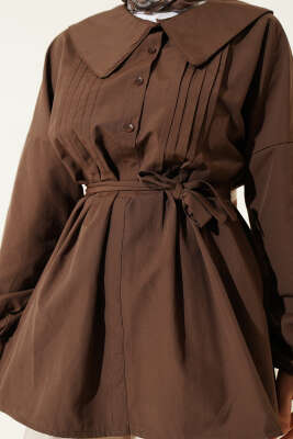 Denizci Yaka Nervür Detaylı Tunik Kahve - Tunik