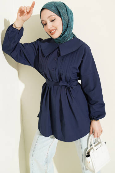 Denizci Yaka Nervür Detaylı Tunik Lacivert - Tunik