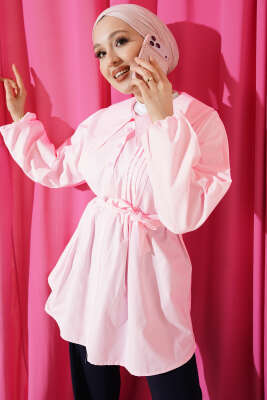 Denizci Yaka Nervür Detaylı Tunik Pembe - NEVA MODA