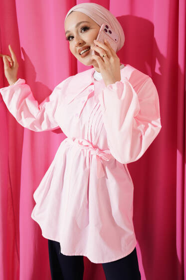 Denizci Yaka Nervür Detaylı Tunik Pembe - Tunik