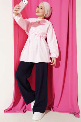 Denizci Yaka Nervür Detaylı Tunik Pembe - Tunik