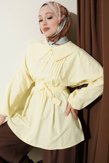 Denizci Yaka Nervür Detaylı Tunik Sarı - Tunik