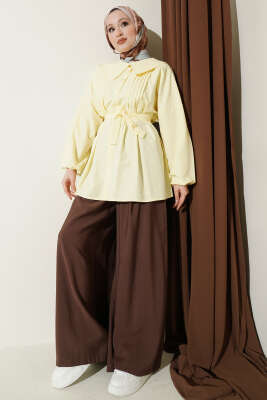 Denizci Yaka Nervür Detaylı Tunik Sarı - Tunik