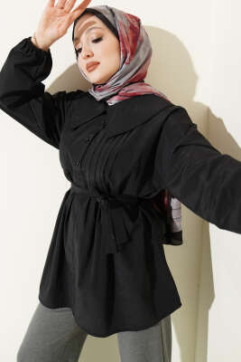 Denizci Yaka Nervür Detaylı Tunik Siyah - NEVA MODA