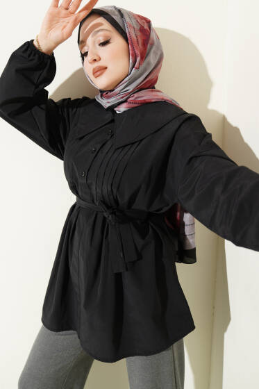 Denizci Yaka Nervür Detaylı Tunik Siyah - Tunik