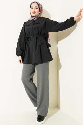 Denizci Yaka Nervür Detaylı Tunik Siyah - Tunik