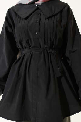 Denizci Yaka Nervür Detaylı Tunik Siyah - Tunik