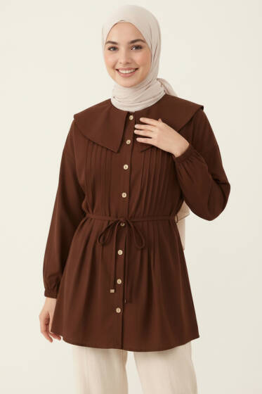 Denizci Yaka Nervürlü Tunik Kahve - Tunik