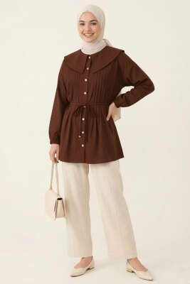 Denizci Yaka Nervürlü Tunik Kahve - Tunik