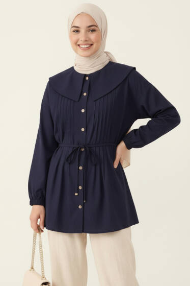 Denizci Yaka Nervürlü Tunik Lacivert - Tunik