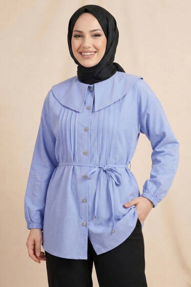 Denizci Yaka Nervürlü Tunik Mavi - Tunik