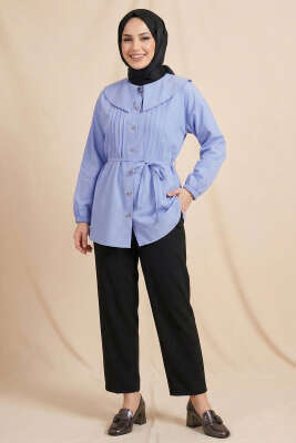 Denizci Yaka Nervürlü Tunik Mavi - Tunik