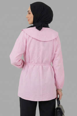 Denizci Yaka Nervürlü Tunik Pembe - Tunik