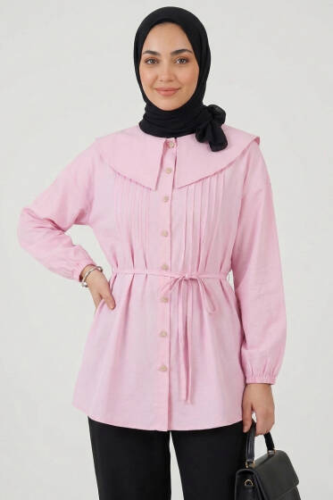 Denizci Yaka Nervürlü Tunik Pembe - Tunik