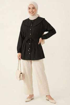 Denizci Yaka Nervürlü Tunik Siyah - Tunik