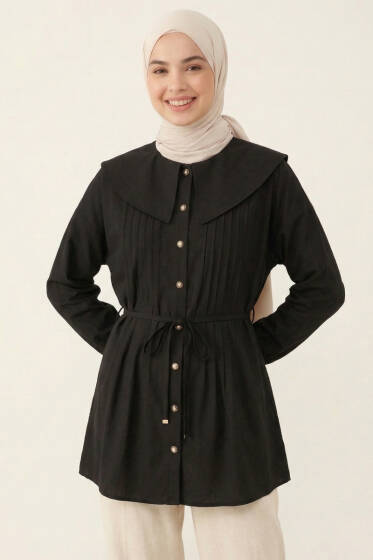 Denizci Yaka Nervürlü Tunik Siyah - Tunik