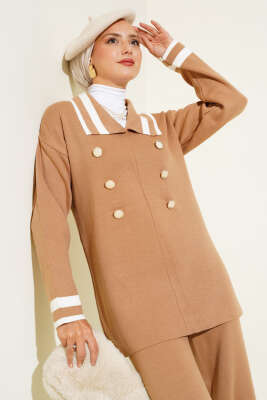 Denizci Yaka Triko İkili Takım Büsküvi Kemik - Triko İkili Takım