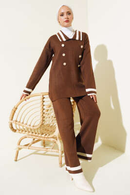 Denizci Yaka Triko İkili Takım Kahve Bej - Triko İkili Takım