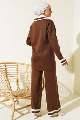 Denizci Yaka Triko İkili Takım Kahve Bej - Triko İkili Takım