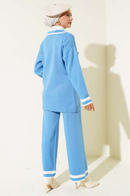 Denizci Yaka Triko İkili Takım Mavi Kemik - Triko İkili Takım