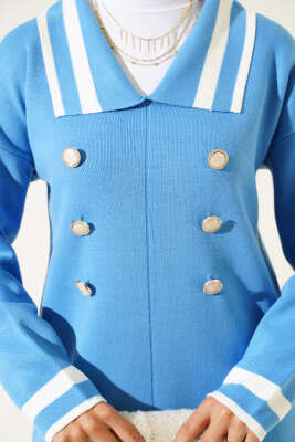 Denizci Yaka Triko İkili Takım Mavi Kemik - Triko İkili Takım