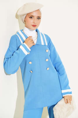 Denizci Yaka Triko İkili Takım Mavi Kemik - Triko İkili Takım